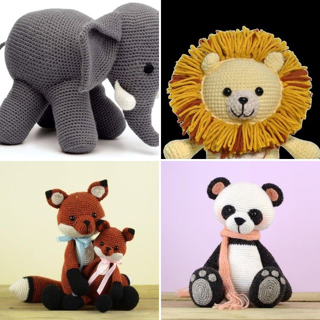 Bichinhos do acervo: elefante, leão, raposas e panda de amigurumi